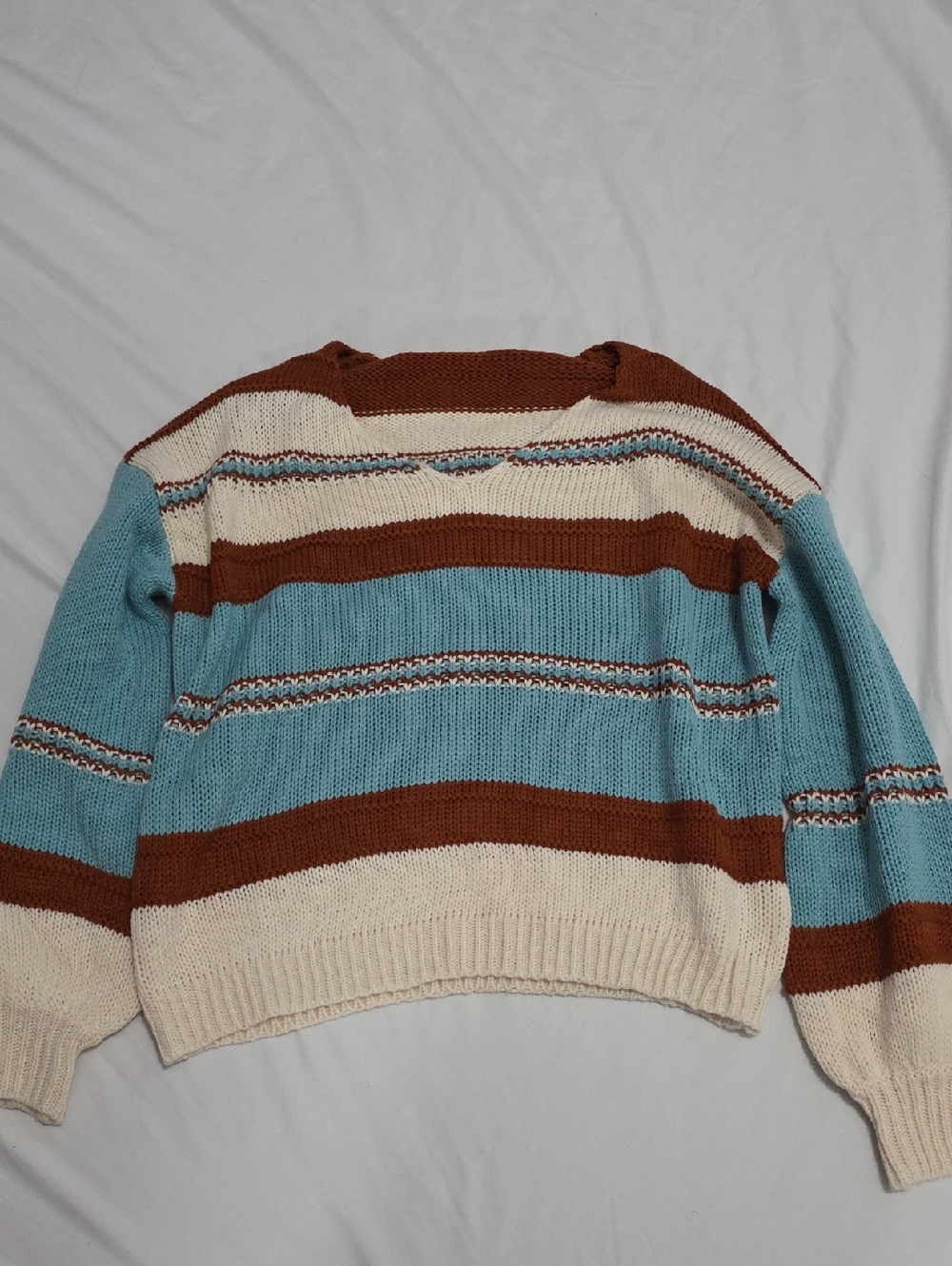 Striped Knit Sweater in Light Blue, Cream & Rust